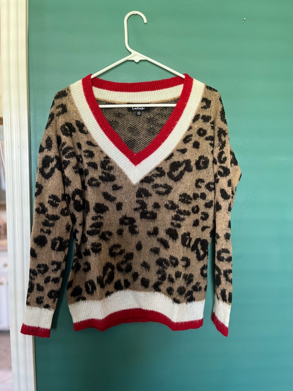 Lulu's Tan Leopard V-Neck Sweater with Red & White Trim